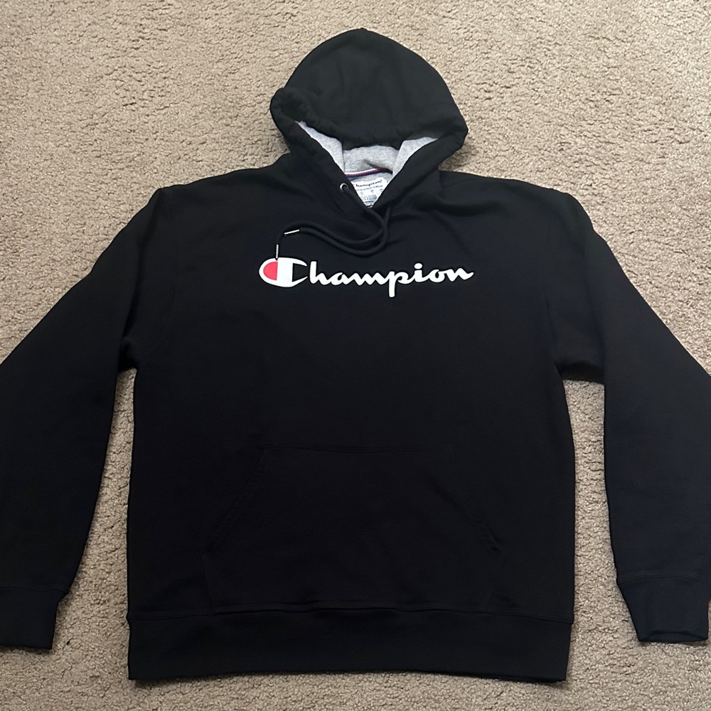 Champion Mens Hoodie Embroidered Script Logo Pullover Sweatshirt Black Size L